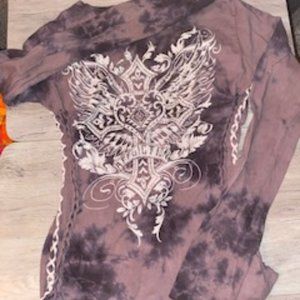 brown marbled shirt with cross and cuts